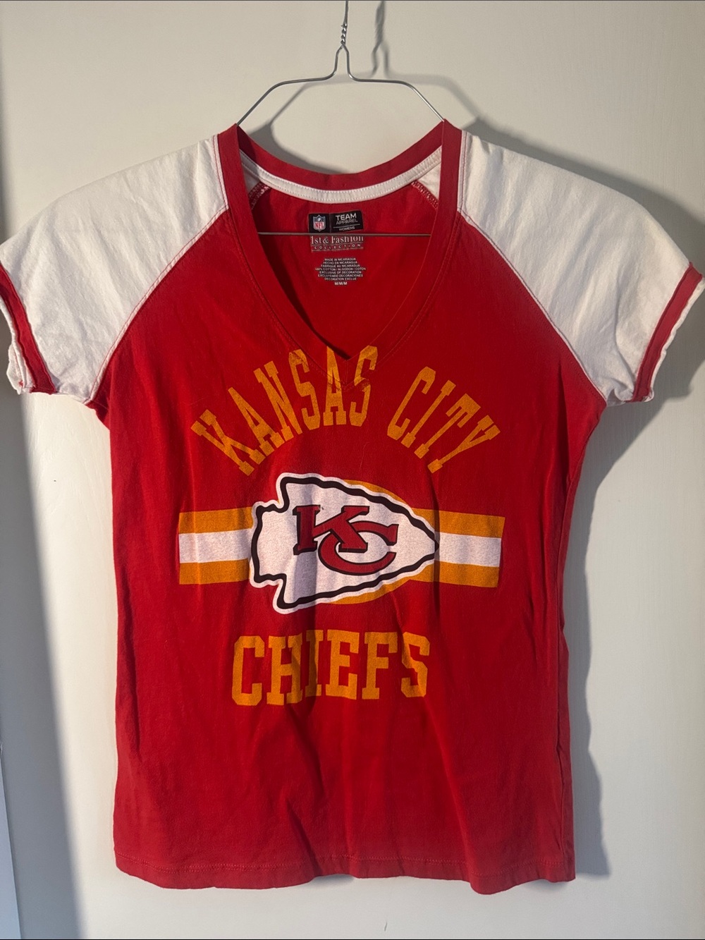 NFL Red & White Kansas City Chiefs V-Neck Tee with Yellow Logo